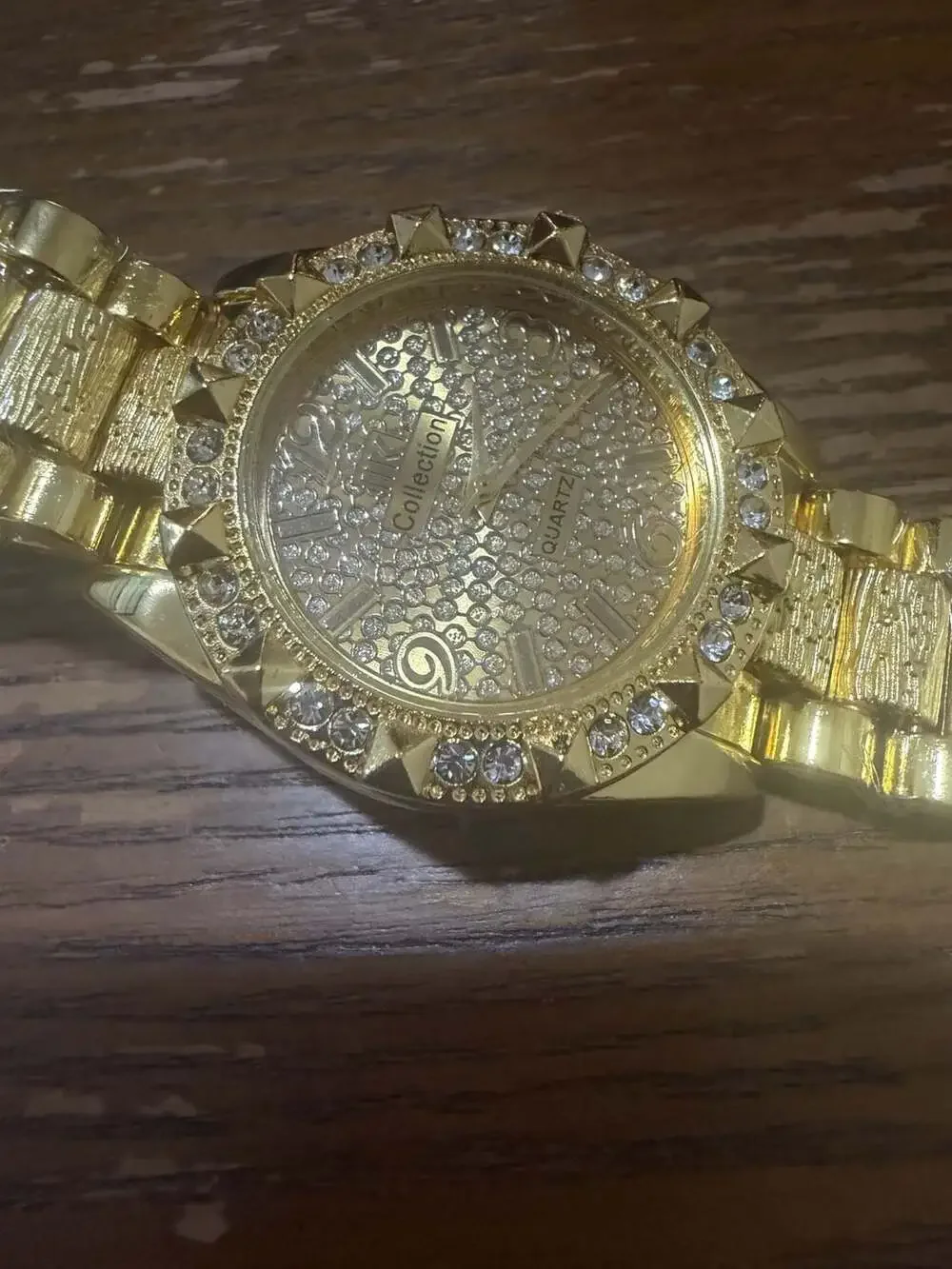 JINK Collection Gold Tone Nugget Watch with Rhinestone Bezel and Pave Dial